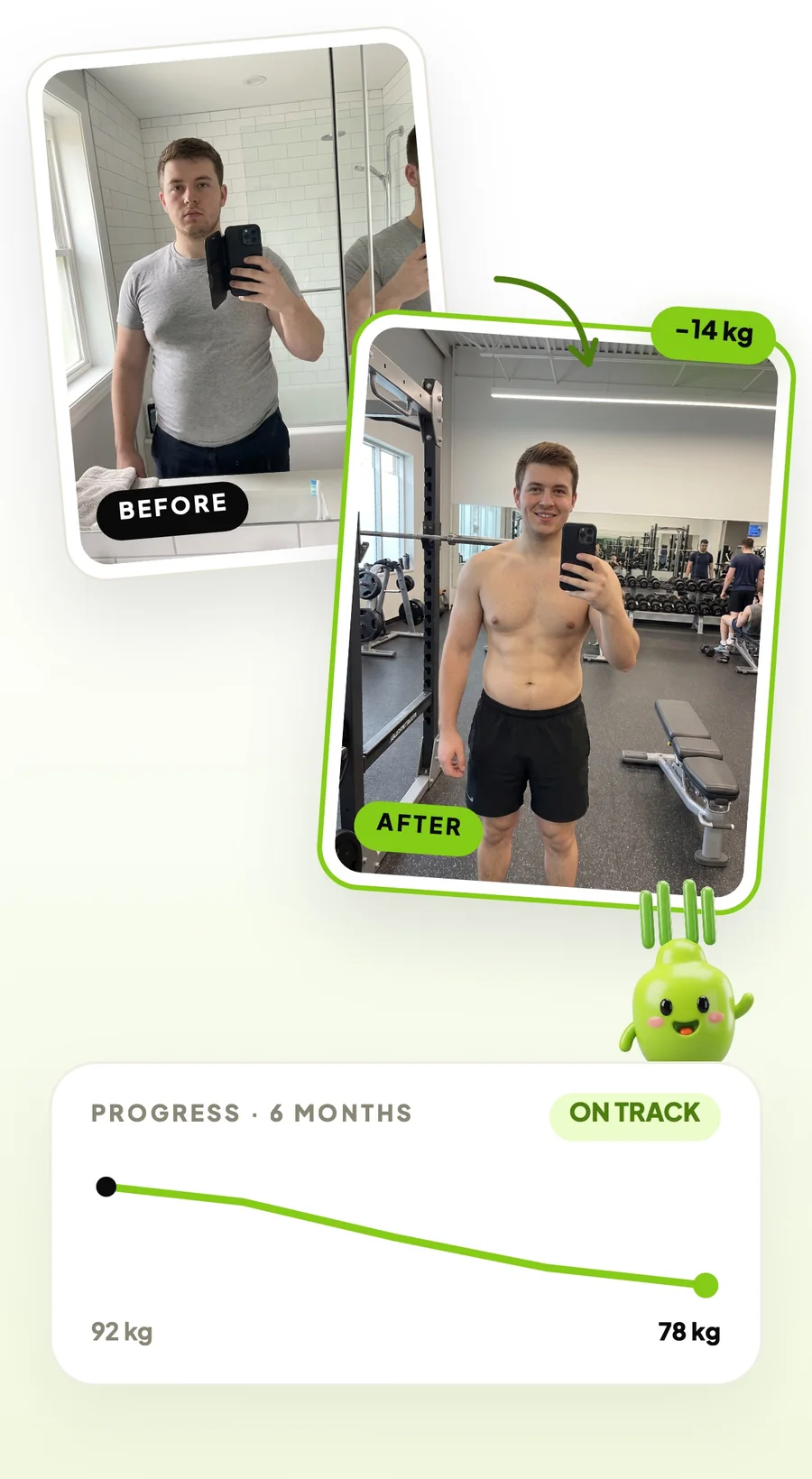 Before and after photos with a six-month progress chart